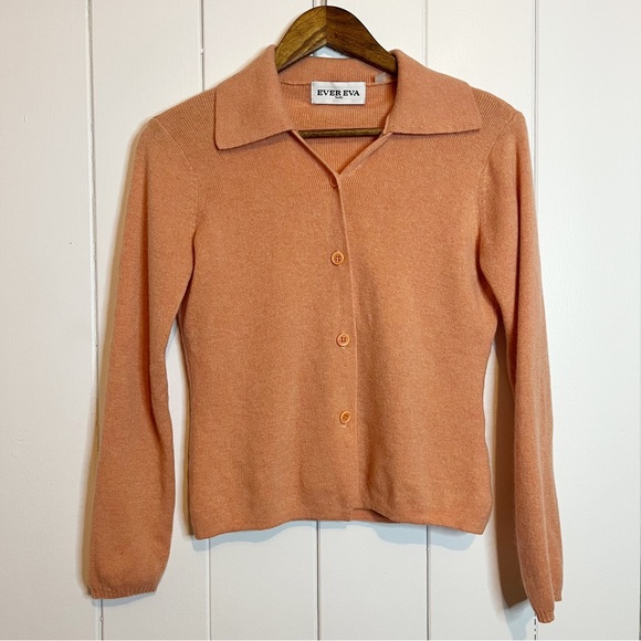 Ever Eva Sweaters - Ever Eva Peach Cashmere Wool Blend Collared Cardignan.